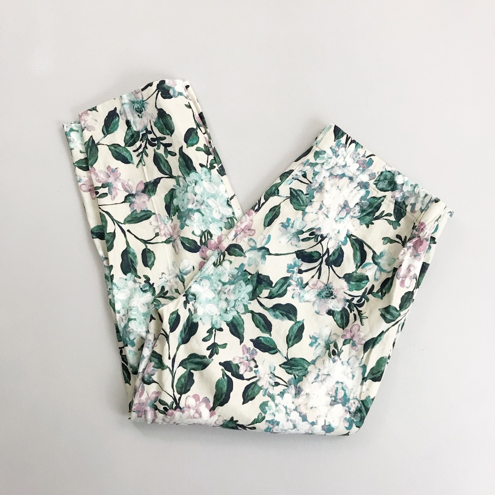 J.JILL Floral Linen Blend Ankle Pant Petite Med Stretch Flat Front Button Cuff